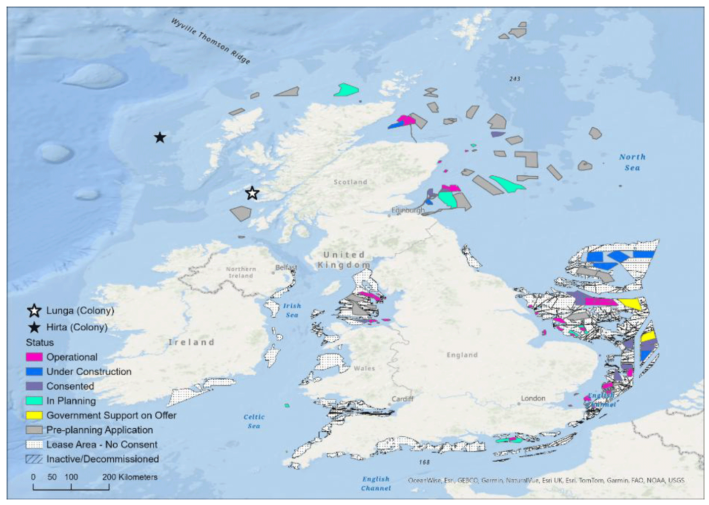 Map of the UK and Ireland showing the Offshore Wind lease areas as of January 2025.