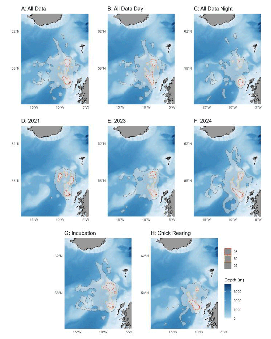 Utilisation distributions ( UD s) of foraging Leach’s Storm-petrels from St. Kilda from 2021, 23, 24.
