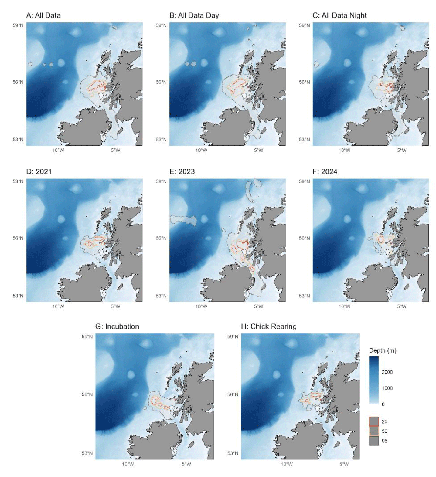 Utilisation distributions (UDs) of Foraging European Storm-petrels represented by 25%, 50% and 95% kernels.