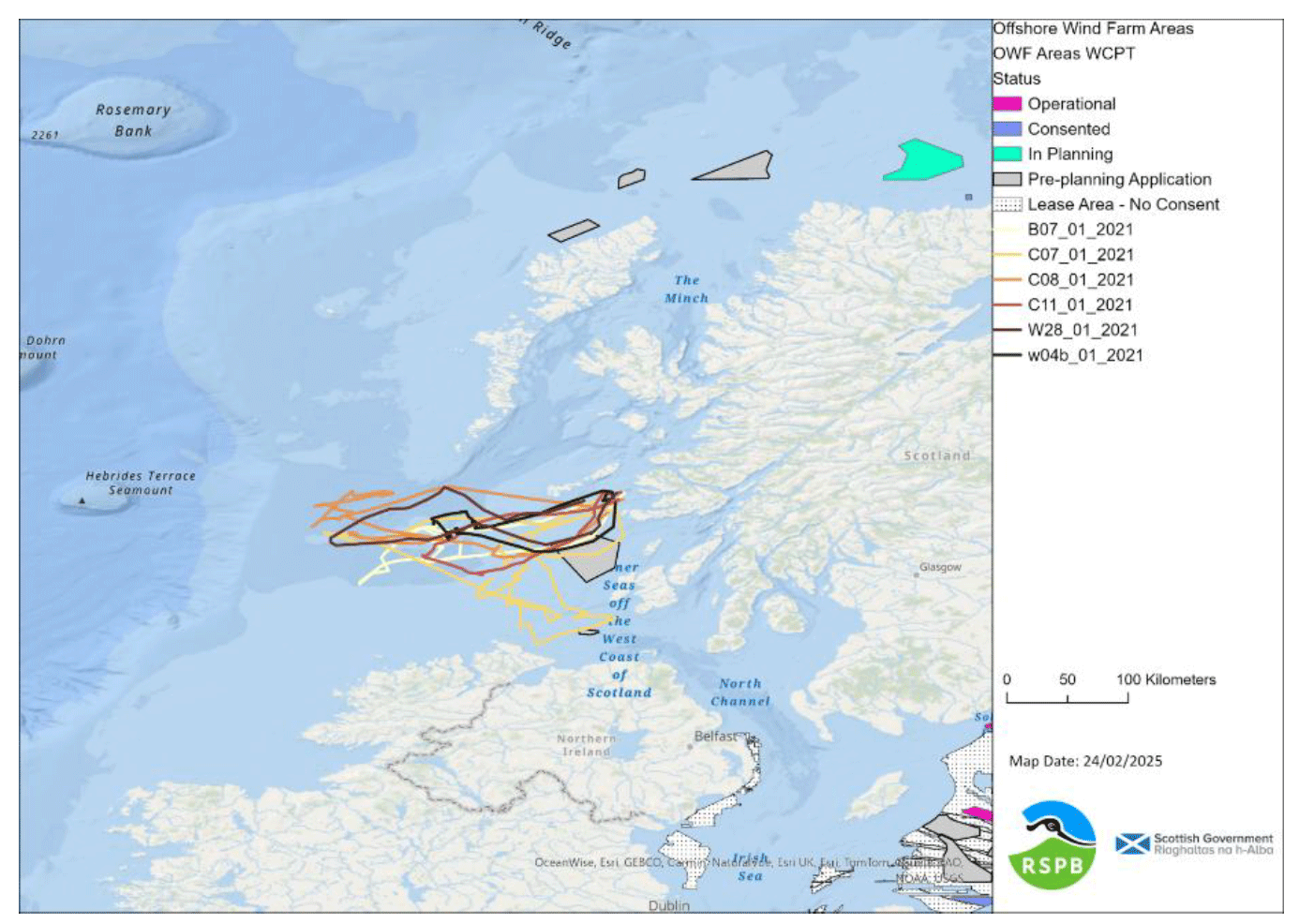 Tracks of European Storm-petrels which appear to have passed through or near to an OWF lease area in 2021.