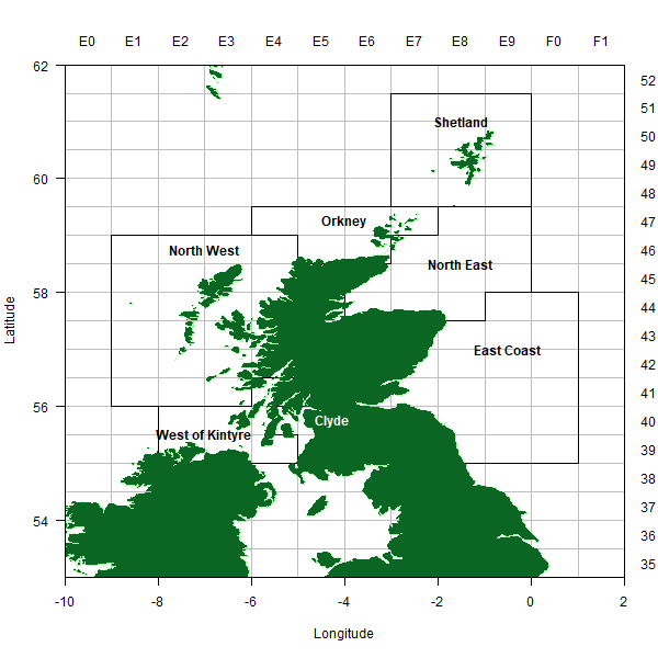 Map showing location of Scottish scallop assessment areas. Clyde, East Coast, North East, Orkney, Shetland, West of Kintyre.