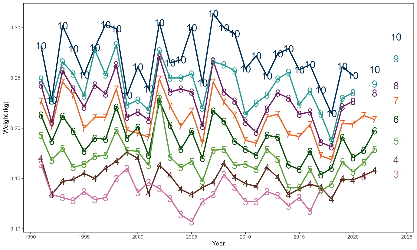 Line plot showing the fluctuations in mean weight in kg by age over time for scallops in the East Coast area.