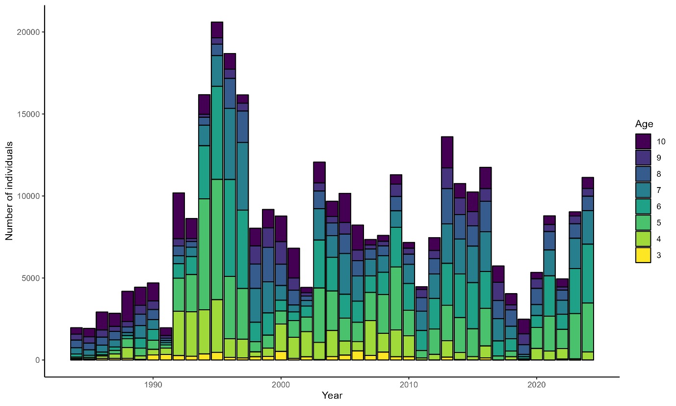 Bar plot of the total number of scallops caught in the North East area over time with bars subdivided by age class.