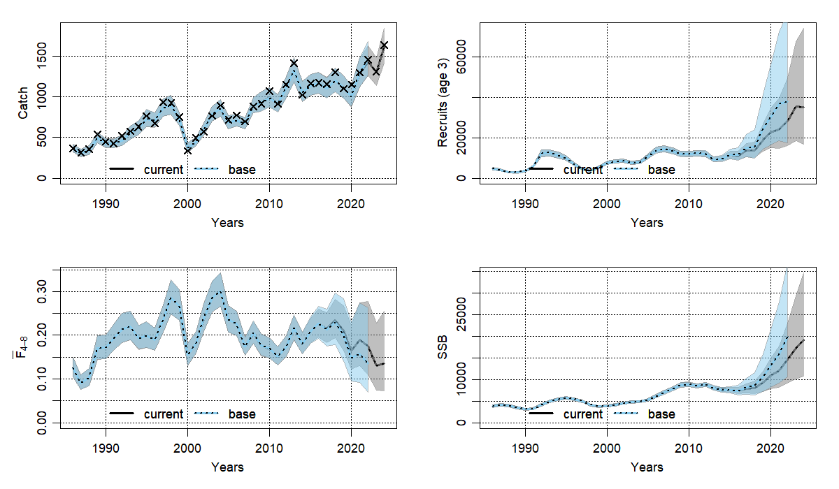 Line graphs comparing current Shetland assessment results (catch, recruitment, F and SSB over time) to 2023 assessment.