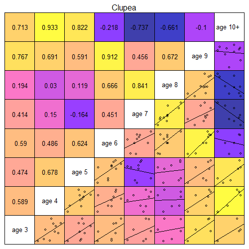 Grid of scatterplots and correlation coefficients for survey index of cohorts at different ages, for Shetland Clupea surveys