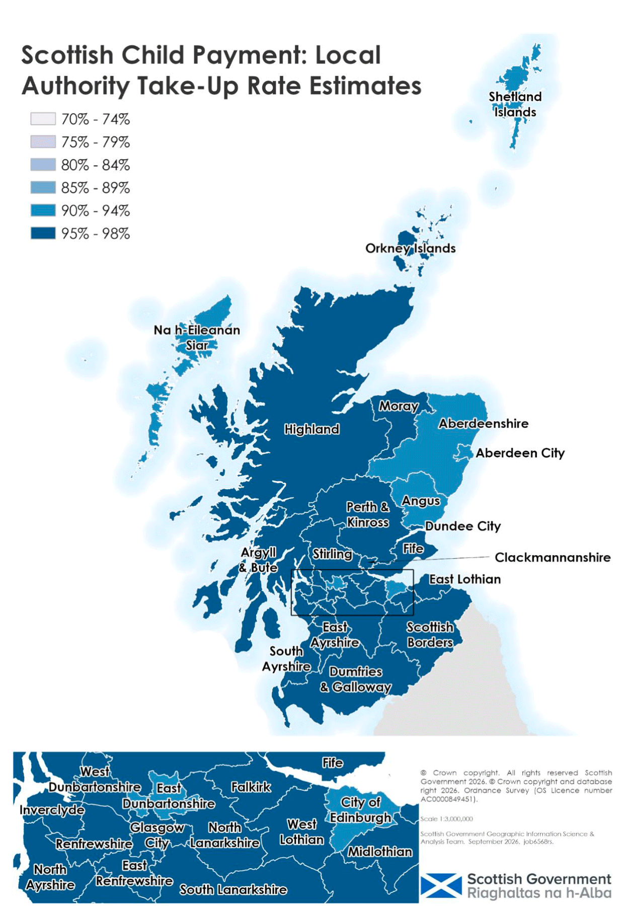 Choropleth map showing estimated Scottish Child Payment take-up rates by local authority in 2025-26. Rates range from 93% to 98% across Scotland.