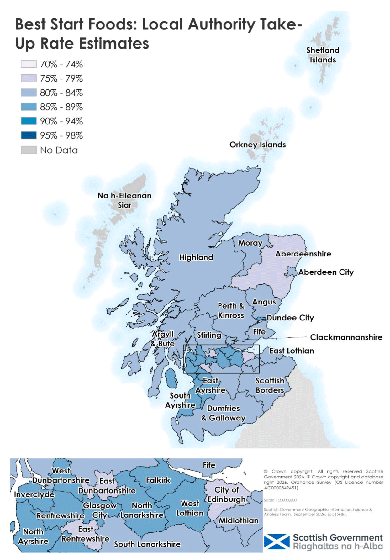 Choropleth map showing estimated Best Start Foods take-up rates by local authority in 2025-26. Rates range from 76% to 88% across Scotland.