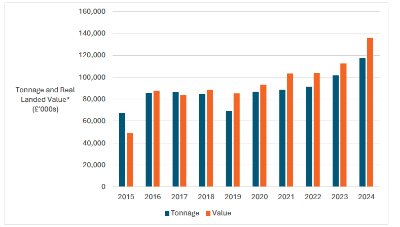 A bar chart showing the combined mackerel and herring tonnage and real value landed, in thousands of pounds, into the fishing district of Peterhead, for the years 2015 to 2024.