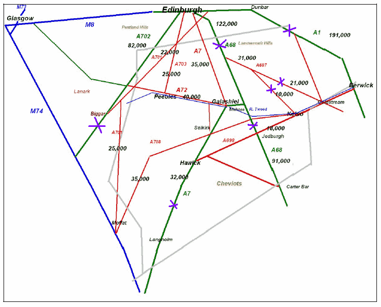 Figure 10-5 Schematic map showing major tourist flows in The Scottish Borders
