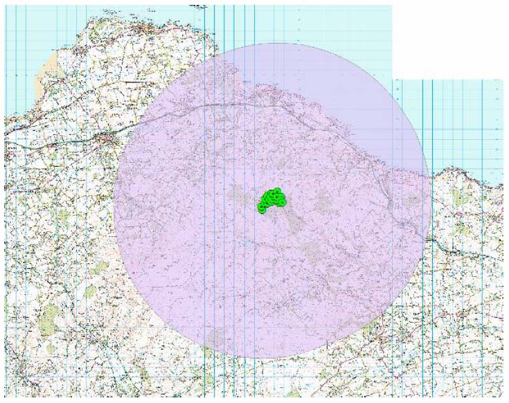 Figure 5-3 The 15km buffer around the Crystal Rig wind farm