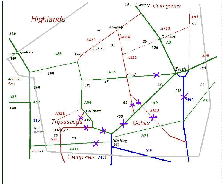 Figure 5-8 Schematic map of road system in Stirling, Perth and Kinross with exposed sections