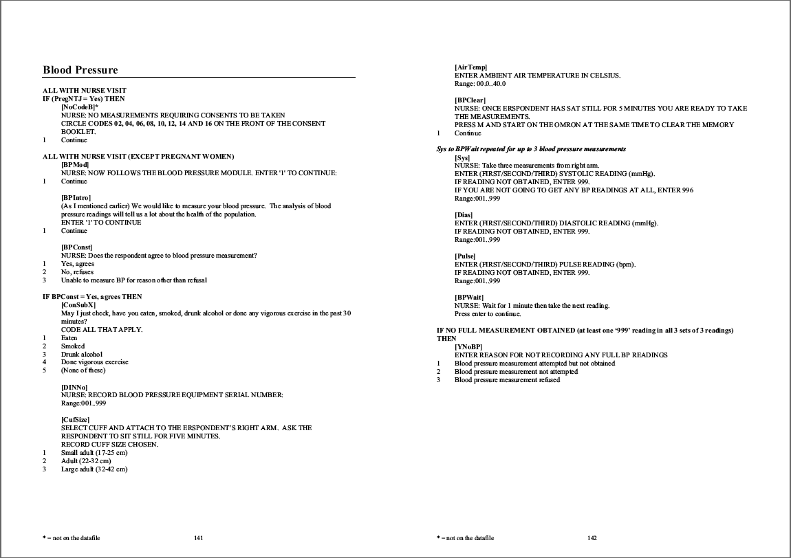 Household questionnaire, individual and nurse questionnaires