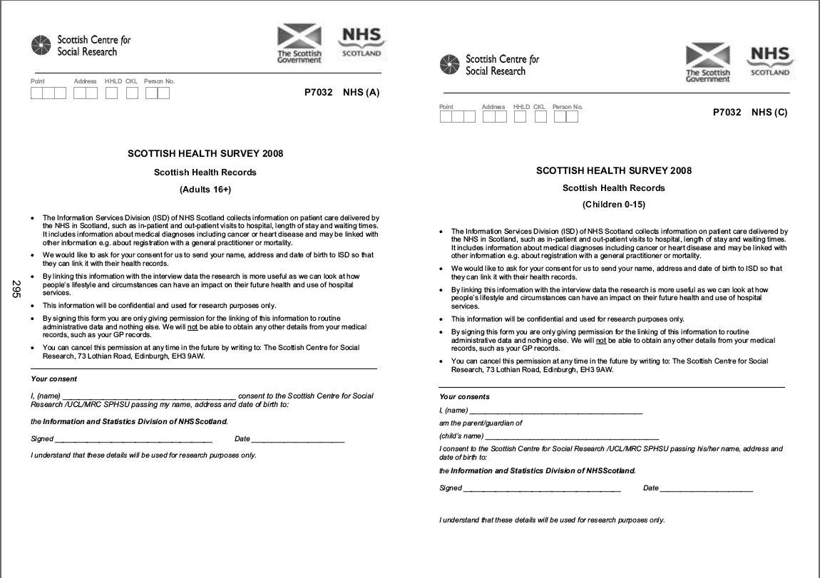 NHS record linkage consent forms for adults and children