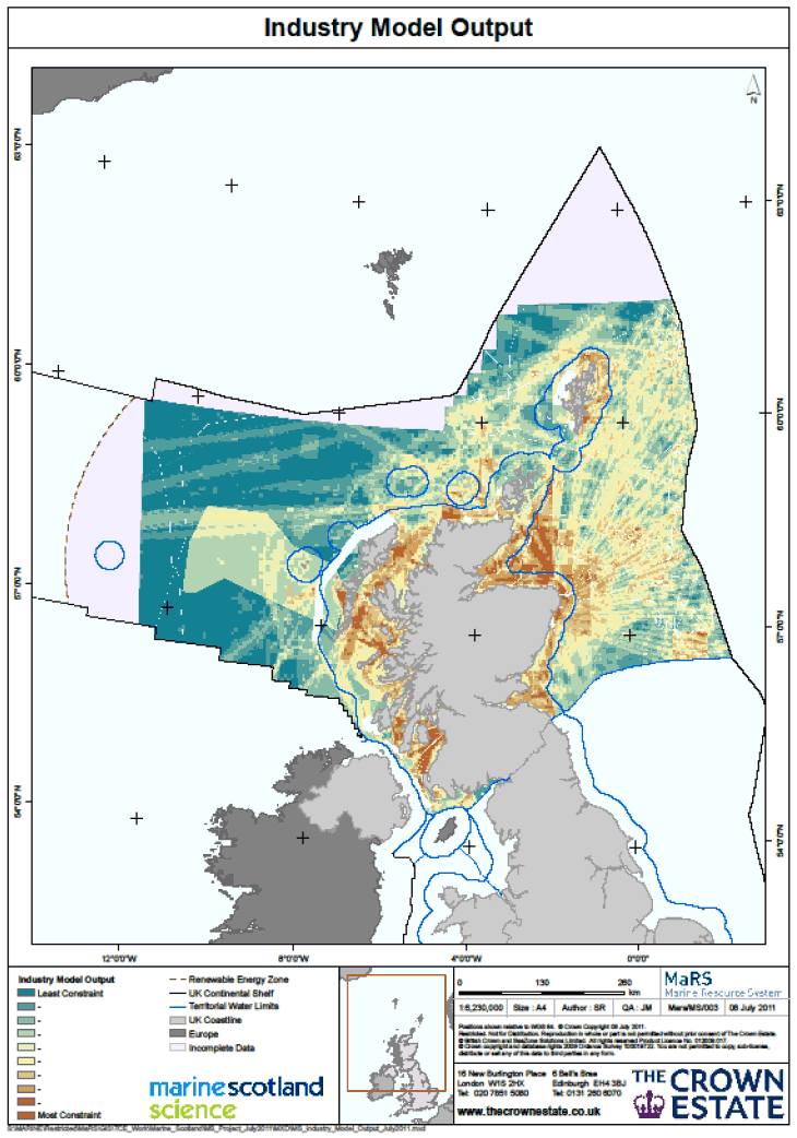 Figure 2 Output from the industry restriction model for offshore wind development in Scottish waters. Figure 2 Output from the industry restriction model for offshore wind development in Scottish waters.