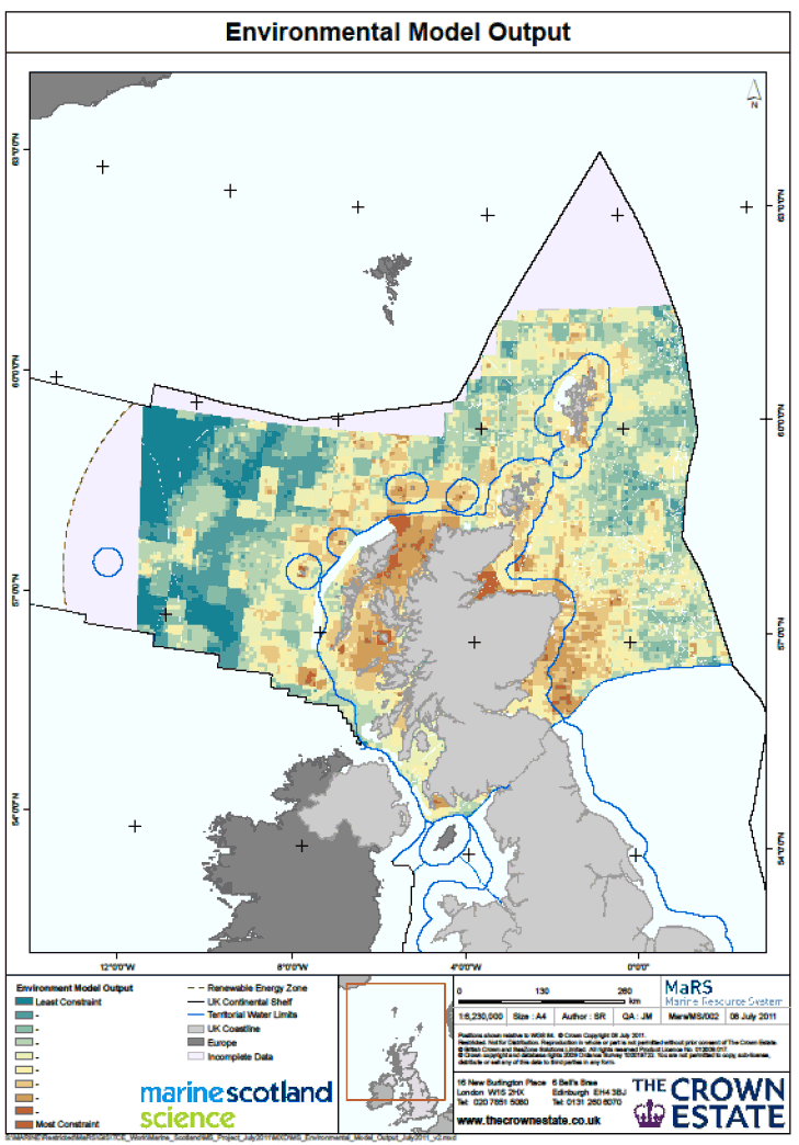 Figure 3 Output from the environmental restriction model for offshore wind development in Scottish waters. Figure 3 Output from the environmental restriction model for offshore wind development in Scottish waters.