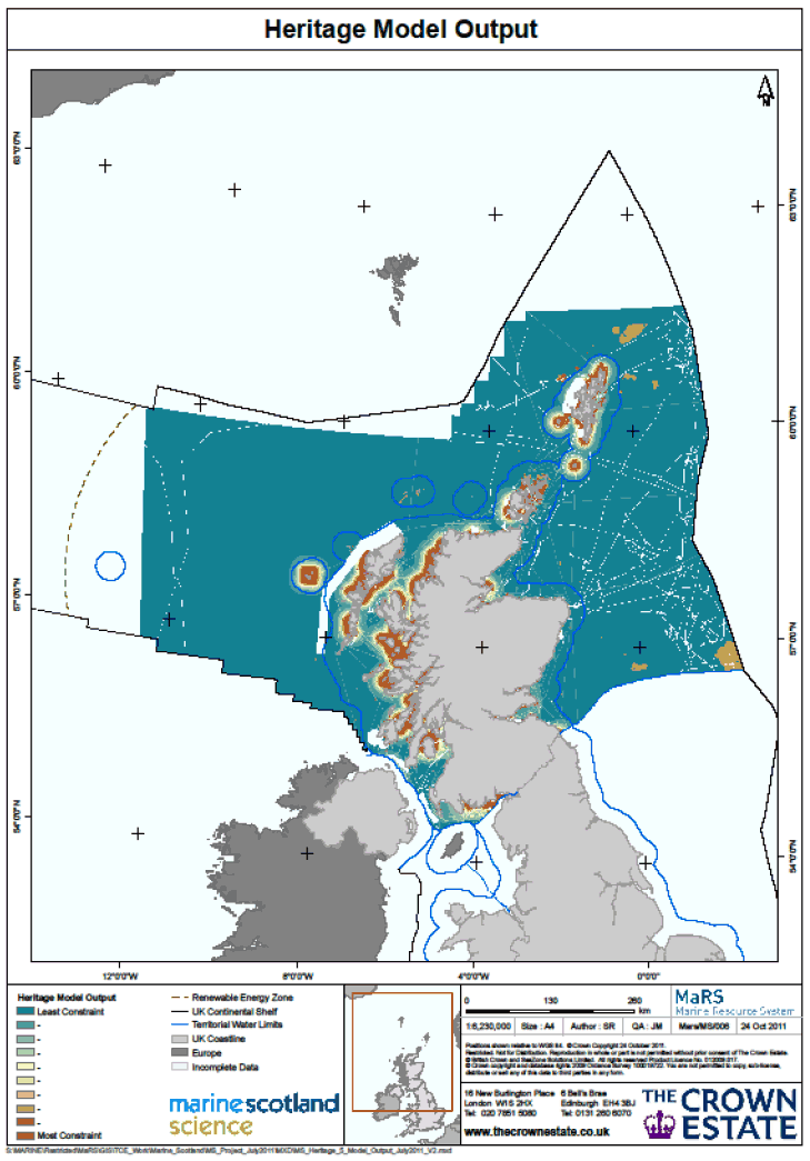 Figure 4 Output from the heritage restriction model for offshore wind development in Scottish waters. Figure 4 Output from the heritage restriction model for offshore wind development in Scottish waters.