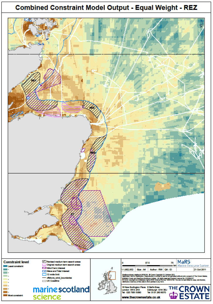 Figure 9 Proposed strategic search areas for offshore wind farms in Scottish Territorial Waters on the east coast of Scotland. The proposed areas are outlined in red, the medium term sites from the 2010 Plan in black, and the 12 mile limit in blue.