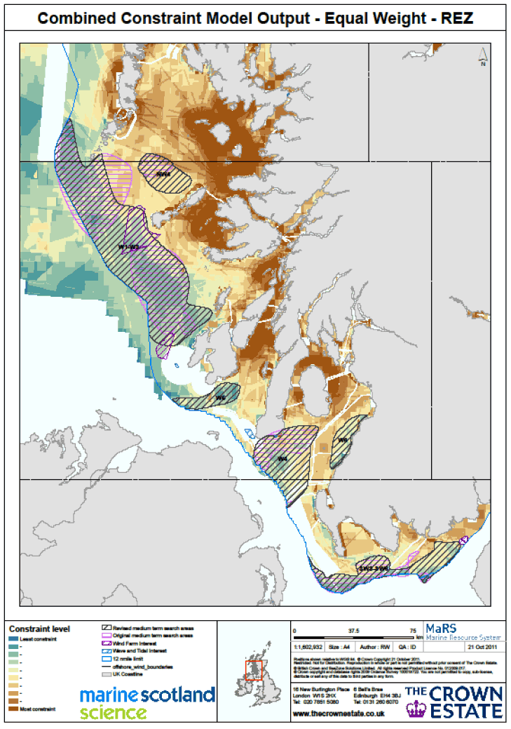 Figure 12 Proposed strategic search areas for offshore wind farms in Scottish Territorial Waters in the west of Scotland. The proposed areas are outlined in red, the medium term sites from the 2010 Plan in black, and the 12 mile limit in blue.
