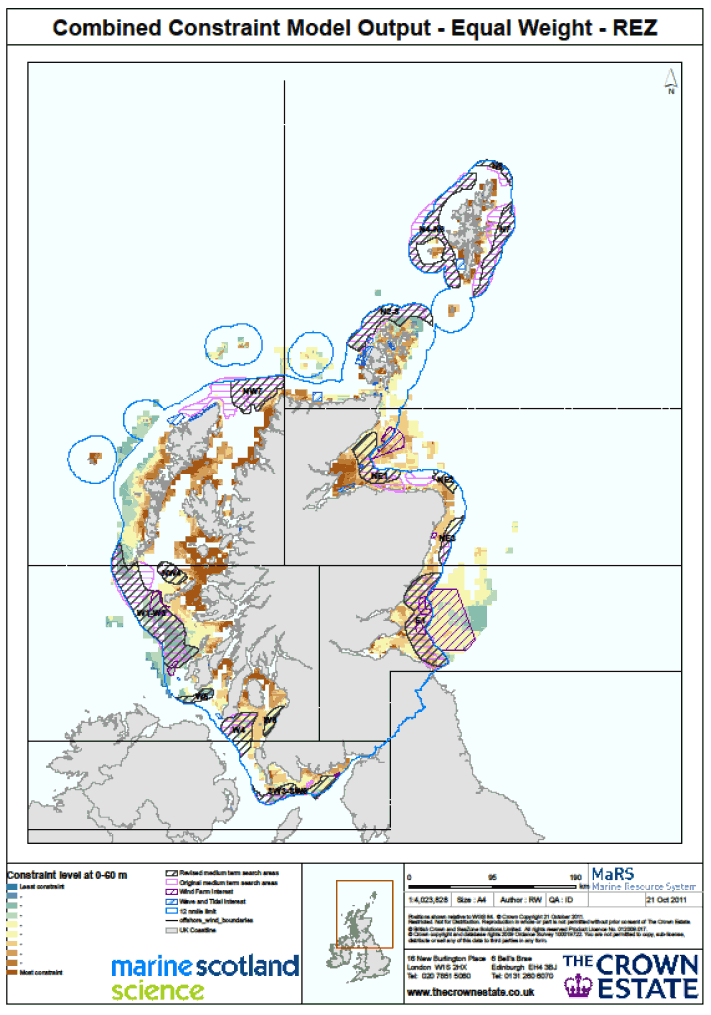 Figure 13 The Combined Restriction model, giving equal emphasis to the environmental, industry and heritage themes, showing proposed strategic areas in STW, existing STW and Round 3 offshore wind sites, the 12 mile limit (boundary to STW) and the rel