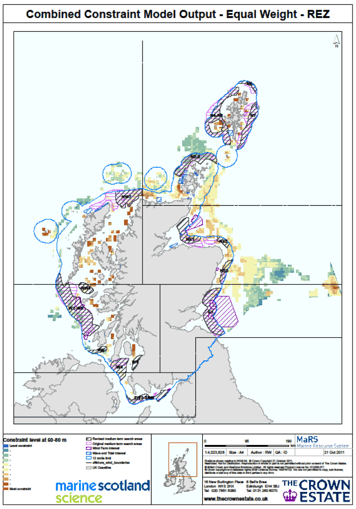 Figure 14 The Combined Restriction model, giving equal emphasis to the environmental, industry and heritage themes, showing proposed strategic areas in STW, existing STW and Round 3 offshore wind sites, the 12 mile limit (boundary to STW) and the rel