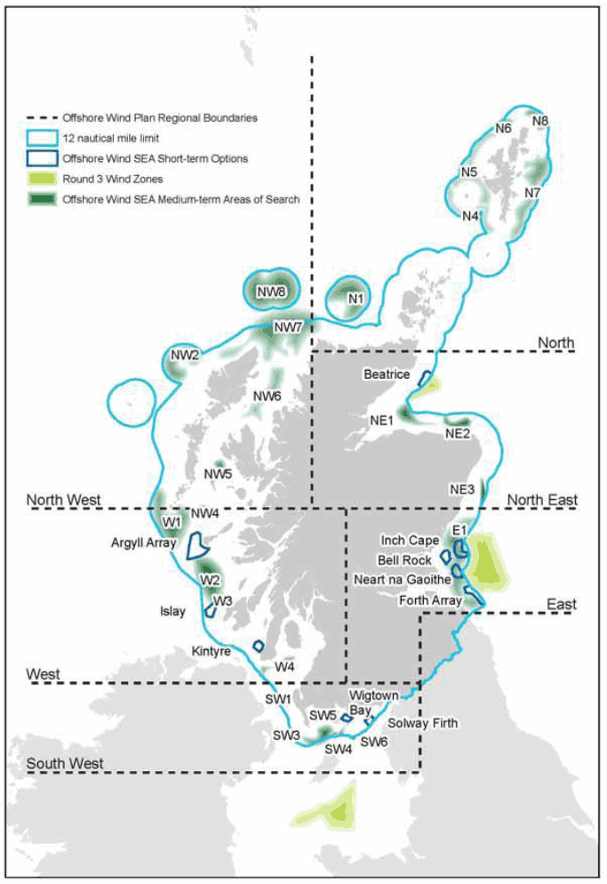 Figure A1 Short and medium term options included in the Draft Plan for Offshore wind energy in Scottish territorial waters. Figure A1 Short and medium term options included in the Draft Plan for Offshore wind energy in Scottish territorial waters.