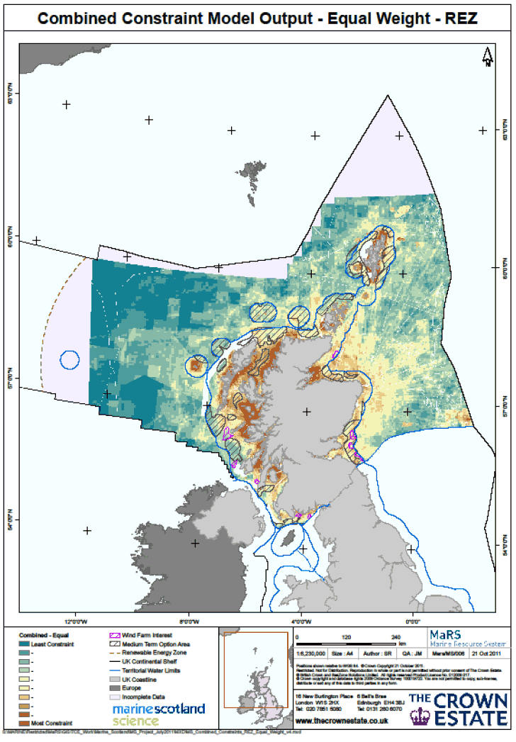 Figure A2 Distribution of short and medium term offshore wind energy options (Draft Plan) and the Combined Restriction model, giving equal emphasis to the environmental, industry and heritage themes. Figure A2 Distribution of short and medium term offshore wind energy options (Draft Plan) and the Combined Restriction model, giving equal emphasis to the environmental, industry and heritage themes.
