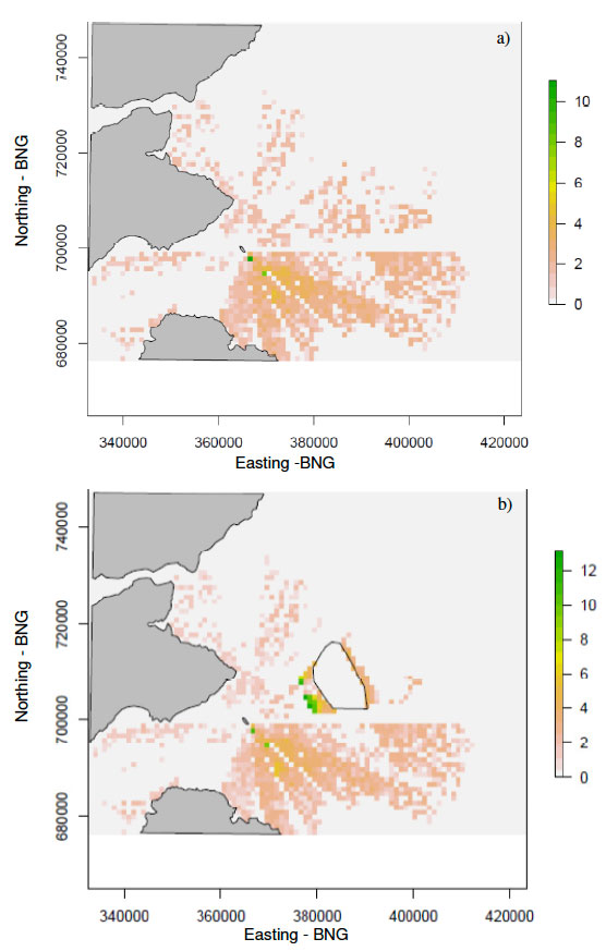 Figure 9. The mean foraging cost incurred at each cell after 50 simulations of the model with a random prey distribution layer and with a) no wind farm and b) with a wind farm present