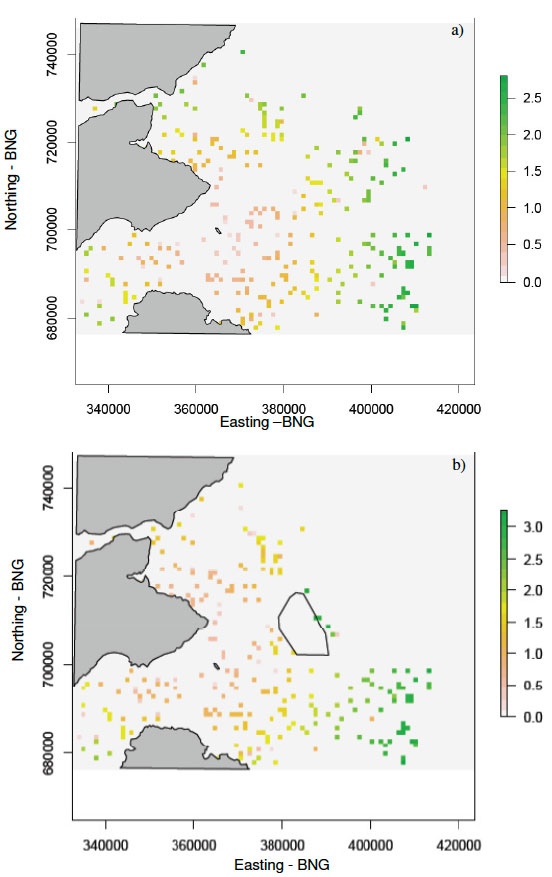 Figure 14. The mean flight cost incurred at each cell after 50 simulations of the model with a clustered prey density distribution layer and with a) no wind farm and b) with a wind farm present