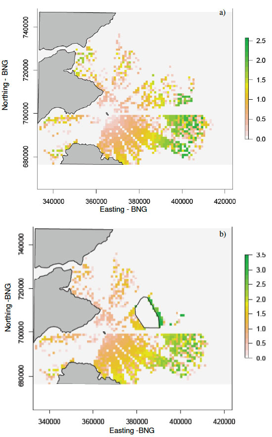 Figure 20. The mean flight cost incurred at each cell after 50 simulations of the model with a random prey density distribution layer, an increased interference coefficient and with a) no wind farm and b) with a wind farm present