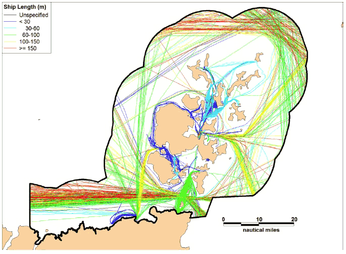 Figure 7.5 Winter 2012 AIS Track Analysis by Ship Length Figure 7.5 Winter 2012 AIS Track Analysis by Ship Length