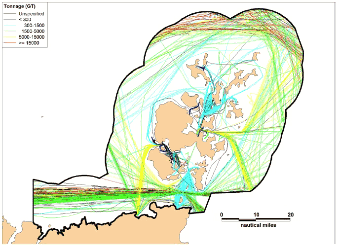 Figure 7.11 Winter 2012 AIS Track Analysis by Gross Tonnage Figure 7.11 Winter 2012 AIS Track Analysis by Gross Tonnage