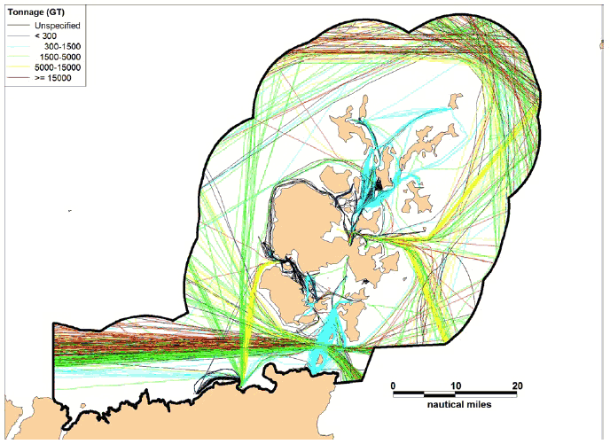 Figure 7.12 Summer 2012 AIS Track Analysis by Gross Tonnage Figure 7.12 Summer 2012 AIS Track Analysis by Gross Tonnage