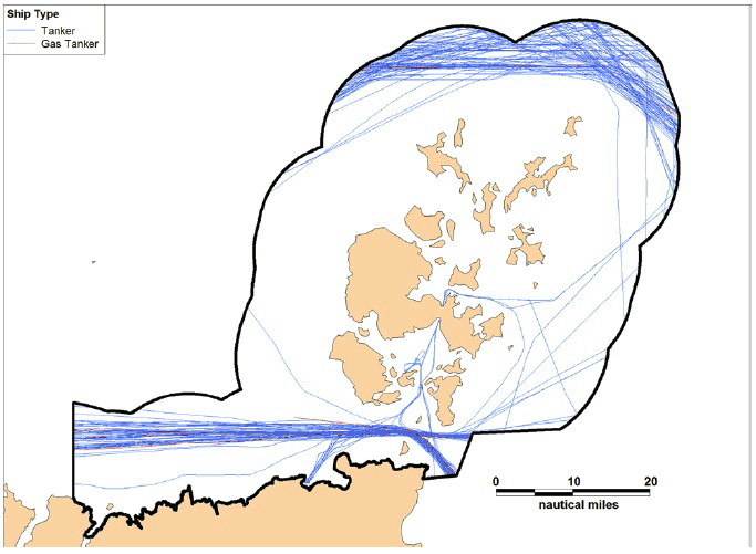 Figure 7.13 Combined 2012 AIS Track Analysis – Tankers & Gas Tankers Figure 7.13 Combined 2012 AIS Track Analysis – Tankers & Gas Tankers