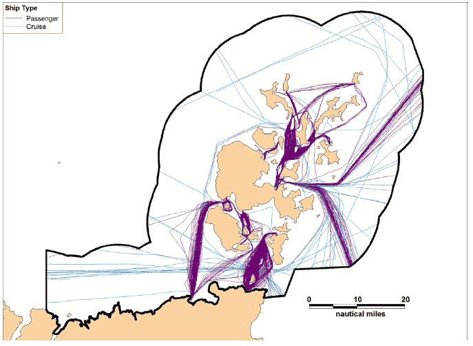Figure 7.15 Combined 2012 AIS Track Analysis – Passenger and Cruise Vessels Figure 7.15 Combined 2012 AIS Track Analysis – Passenger and Cruise Vessels