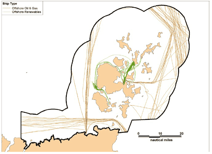 Figure 7.16 Combined 2012 AIS Track Analysis – Offshore Oil & Gas / Renewables Vessels Figure 7.16 Combined 2012 AIS Track Analysis – Offshore Oil & Gas / Renewables Vessels