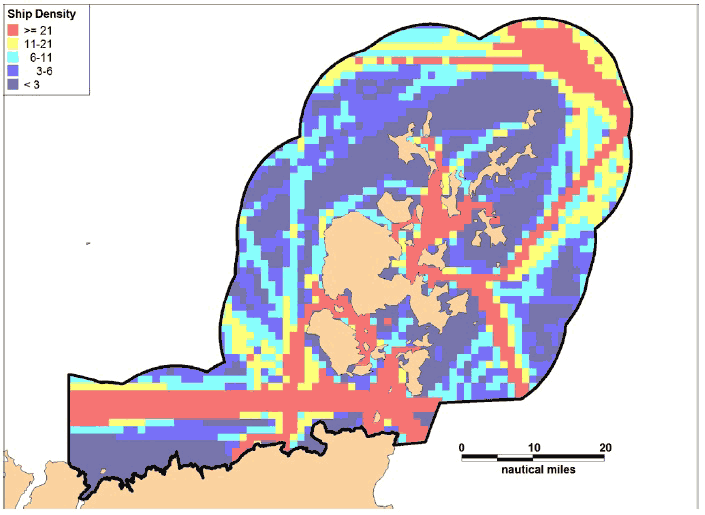 Figure 7.25 Summer 2012 AIS Track Analysis by Overall Ship Density Figure 7.25 Summer 2012 AIS Track Analysis by Overall Ship Density