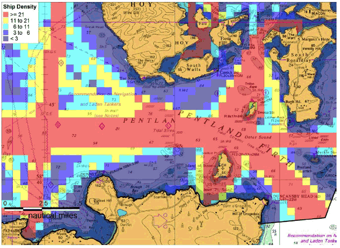 Figure 7.27 Pentland Firth Winter 2012 AIS Track Analysis by Overall Ship Density Figure 7.27 Pentland Firth Winter 2012 AIS Track Analysis by Overall Ship Density