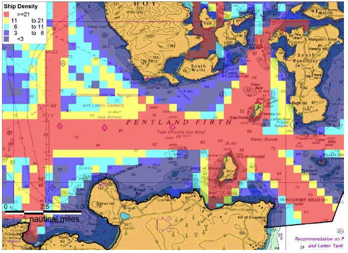Figure 7.28 Pentland Firth Summer 2012 AIS Track Analysis by Overall Ship Density Figure 7.28 Pentland Firth Summer 2012 AIS Track Analysis by Overall Ship Density