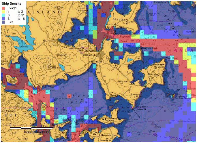 Figure 7.30 Kirkwall Summer 2012 AIS Track Analysis by Overall Ship Density Figure 7.30 Kirkwall Summer 2012 AIS Track Analysis by Overall Ship Density