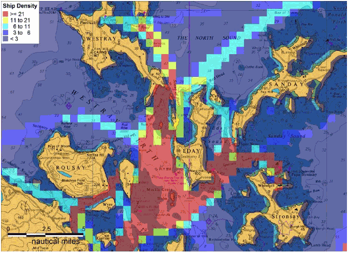 Figure 7.31 Outer Orkney Islands Winter 2012 AIS Track Analysis by Overall Ship Density Figure 7.31 Outer Orkney Islands Winter 2012 AIS Track Analysis by Overall Ship Density