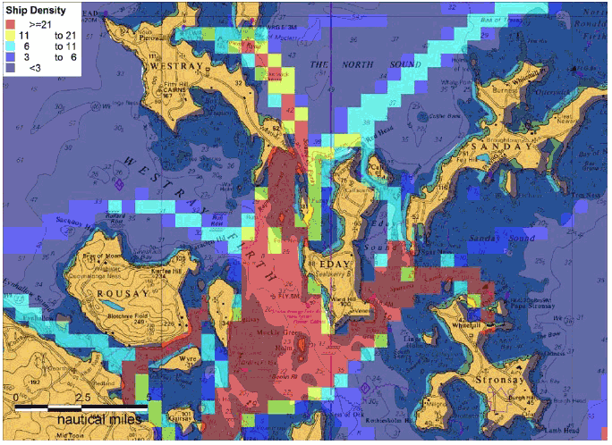 Figure 7.32 Outer Orkney Summer 2012 AIS Track Analysis by Overall Ship Density Figure 7.32 Outer Orkney Summer 2012 AIS Track Analysis by Overall Ship Density