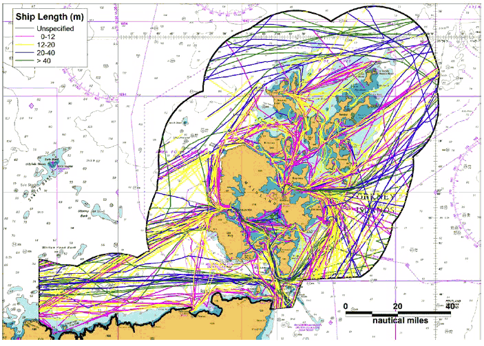 Figure 8.3 Overview of Recreational Vessel Tracks by Length (based on AIS data) Figure 8.3 Overview of Recreational Vessel Tracks by Length (based on AIS data)