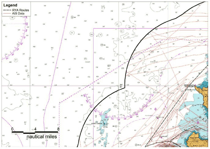 Figure 8.9 Recreational Vessel Tracks versus RYA – Northwest Orkney Figure 8.9 Recreational Vessel Tracks versus RYA – Northwest Orkney
