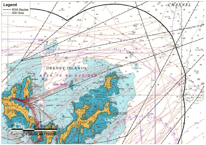 Figure 8.10 Recreational Vessel Tracks versus RYA – Orkney Islands Figure 8.10 Recreational Vessel Tracks versus RYA – Orkney Islands