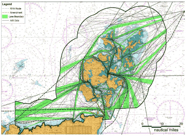 Figure 8.16 PFOW Recreational Lane Boundaries overlaid on AIS Tracks and RYA Routes (with Amendments) Figure 8.16 PFOW Recreational Lane Boundaries overlaid on AIS Tracks and RYA Routes (with Amendments)