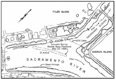 Figure 11. Acoustic barrier deployed to divert Chinook salmon from entering Georgiana Slough in California, USA. Figure 11. Acoustic barrier deployed to divert Chinook salmon from entering Georgiana Slough in California, USA.