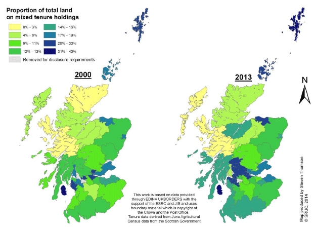 Figure 13 Proportion of land on mixed tenure holdings by NUTS IV region, 2000 / 2013