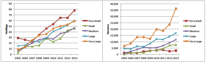 Figure 19 Number of holdings with and area rented through LDTs, by size grouping: 2005-13