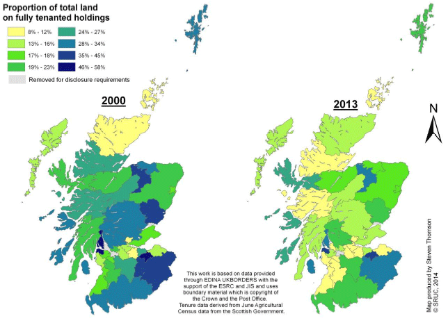 Figure 32 Proportion of area on full tenancy holdings by NUTSIV Region 2000 and 2013