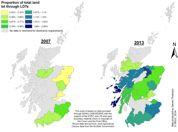 Figure 34 Area let under SLDTs by NUTS IV region, 2007 and 2013
